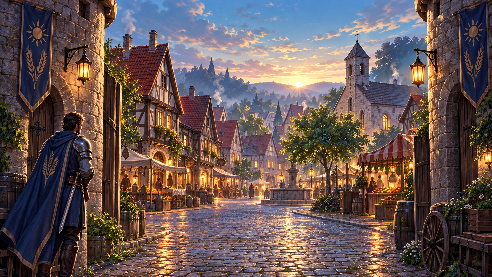 Intro-Illustration von Sonnenhain: ein mittelalterlicher Marktplatz im warmen Abendlicht